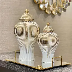 New 1pc Luxurious Ceramic Round Vase - Electroplated Striped European-Style Flower Insert Vase Craft - Soft Packing Decoration Storage Jar for Entrance Living Room and Office Ornaments Tin
