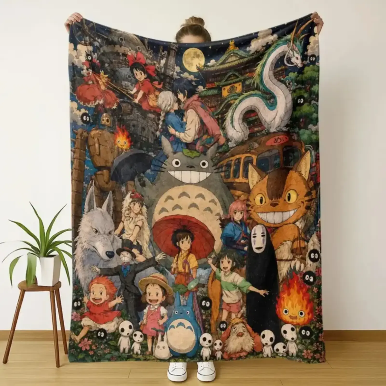 Studio Ghibli All Character Collage Throw Blanket, Totoro Spirited Away Howl Kiki Ponyo Anime Flannel Fleece, Soft Cozy Bed Couch Decor, Fan Gift