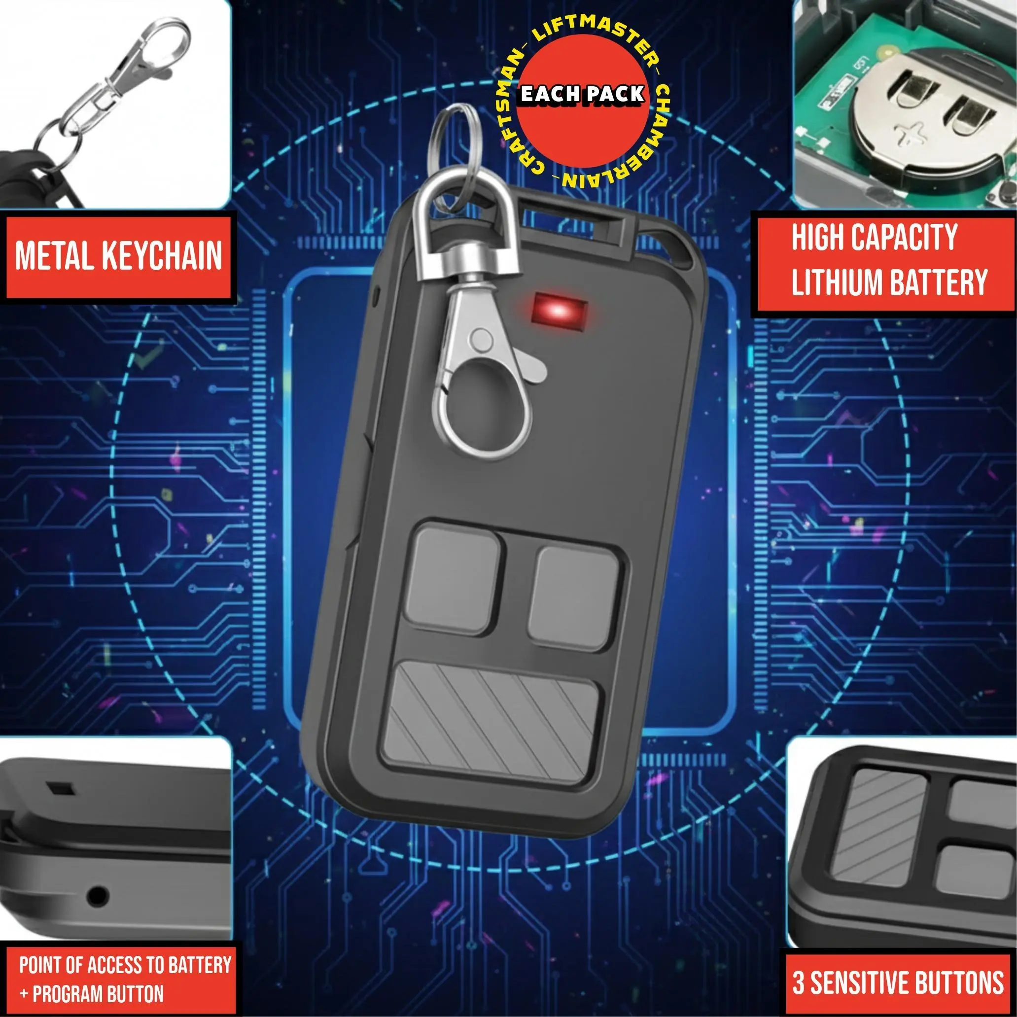 890MAX Garage Door Opener Remote Replacement – Universal 3-Button Mini Keychain for LiftMaster, Chamberlain & Craftsman, Secure Rolling Code, 2-Pack