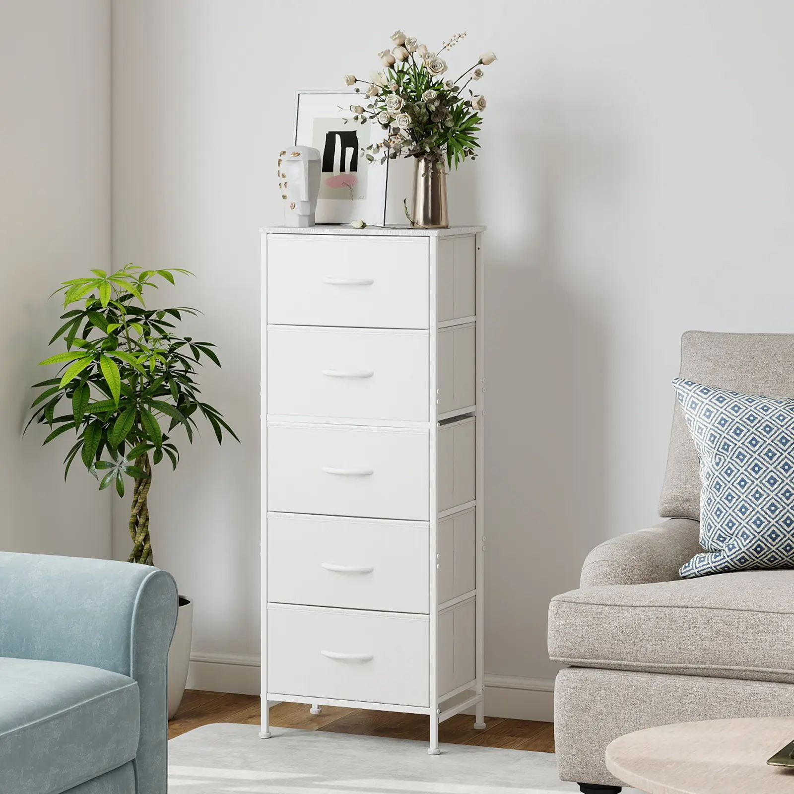 5-Drawer Fabric Storage Dresser with Wood Top - Modern Vertical Compact Multi-Drawer Cabinet Organizer for Living Room, Hallway Entryway Key, Bag & Shoe Storage, Storage Dressers
