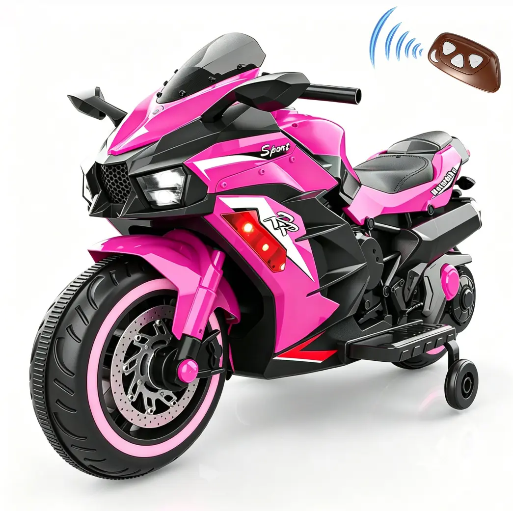 12V Battery-Powered Plastic Electric Ride-On Motorcycle Toy for 2-5 Yrs Toddler Girls, Pink Model with Remote Control, Wheel Lights, 25 lbs Capacity, Engine Sound