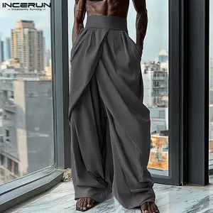 INCERUN Menswear Simple Solid Long High-Waist Pleated Crossover Wide-Leg Fitted Pants - 100% Polyester Quality Fabric Casual Trousers
