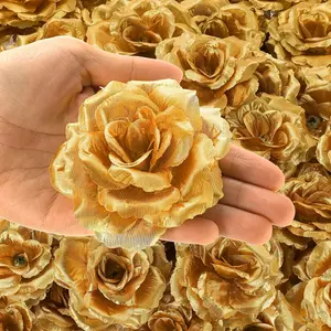 50 imitation rose heads for handicrafts, 3.5-inch imitation golden flower heads, rose heads in bulk, and golden rose artificial flowers for central decoration, flower walls and weddings.