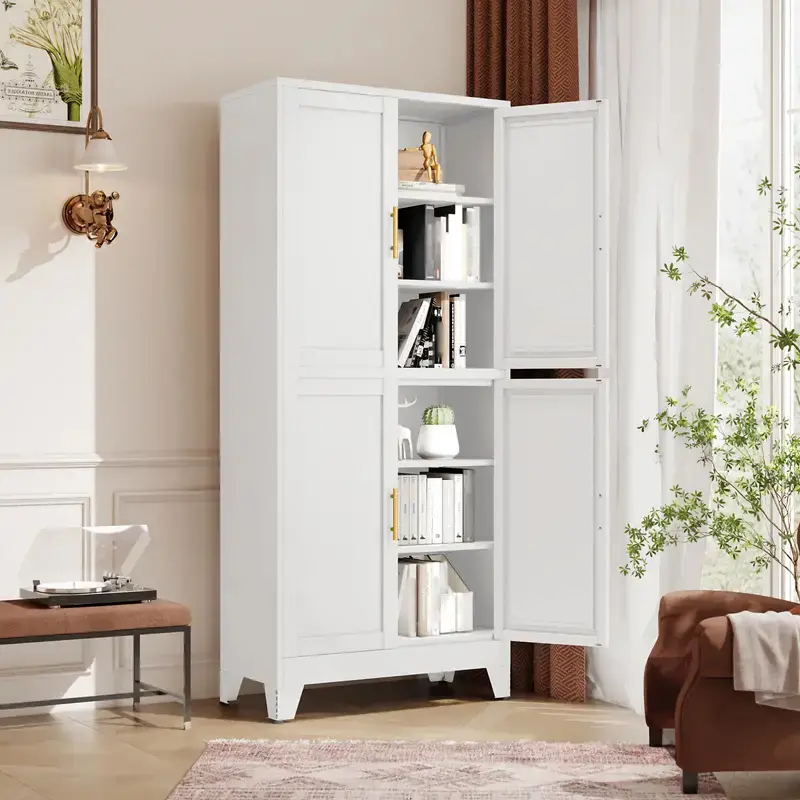 75" Tall Kitchen Pantry Cabinet, White Metal Storage Cabinet with Adjustable Shelves and Doors – Freestanding Pantry Organizer for Kitchen, Dining Room, Living Room, Laundry, Bathroom