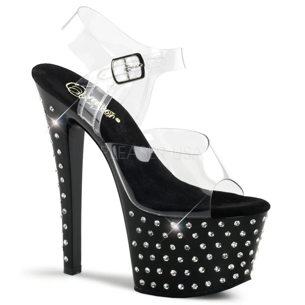 Women's Stardust-708 Fashion High Heel Sandals, 7-in Clear-Black Buckle Footwear