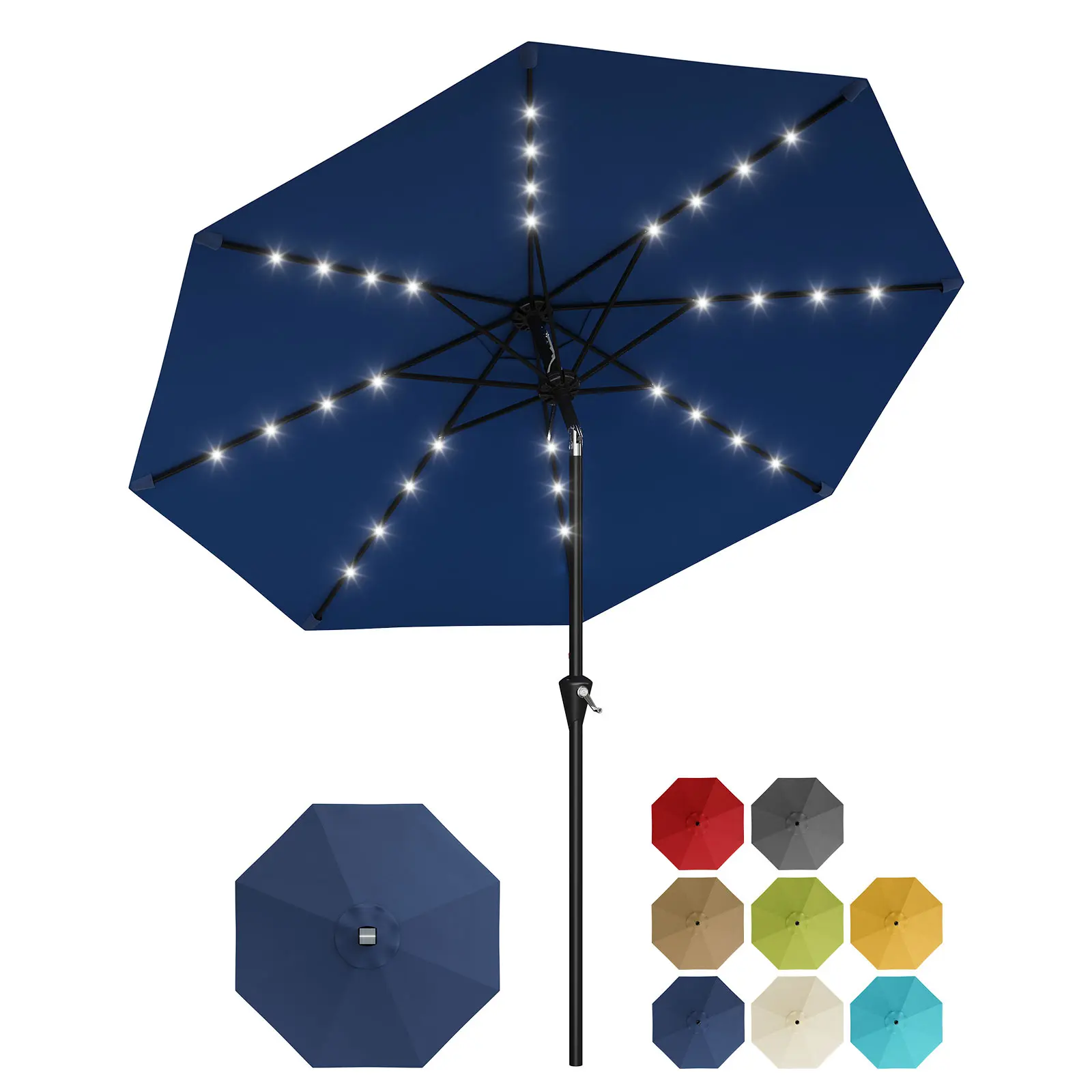 9 ft Solar LED Outdoor Patio Umbrella - Crank Operated Parasol, Market Center Pole Patio Umbrella with 8 Sturdy Ribs, 30° Dual Adjustable Tilt Canopy, Ideal for Garden, Balcony