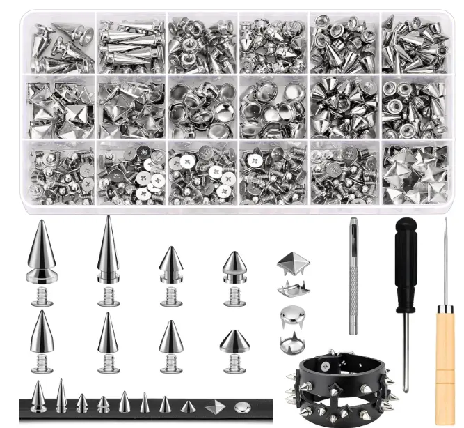 Jollidecor 455 PCS Punk Studs for Clothing, 10 Size Metal Spikes and Studs Leather Rivets for Craft, Square Pyramid Studs Round Dome Rivets DIY Punk Style Decoration for Clothes Shoes Belts Dog Collar