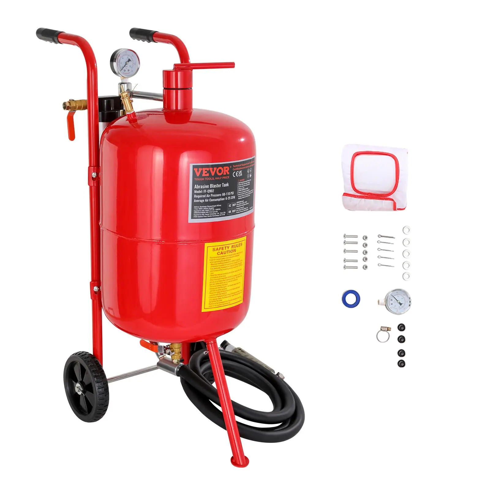 【DealsForYouDays】VEVOR 10Gal/40L Sandblaster Equipped with Nozzle Shut-Off Valve Pressure Gauge Ceramic Nozzle 2.5m Hose Filling Funnel Watertrap 6\" Rubber Wheels Grit Power Sand Blasters Portable Sandblasting Equipm, Heavy Duty