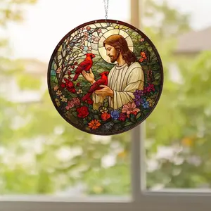 Jesus With Cardinals Suncatcher, God Window Hanging,Memorial Gift,Christian Window Hanging,Jesus Christ Decoration,Religious Christmas Decor