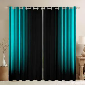 Feelyou Grommet Curtains - 2 Panels Teal and Black Striped Geometric Abstract Ombre, Modern Home Textile Window Drapes, Bedroom Decoration Accessories
