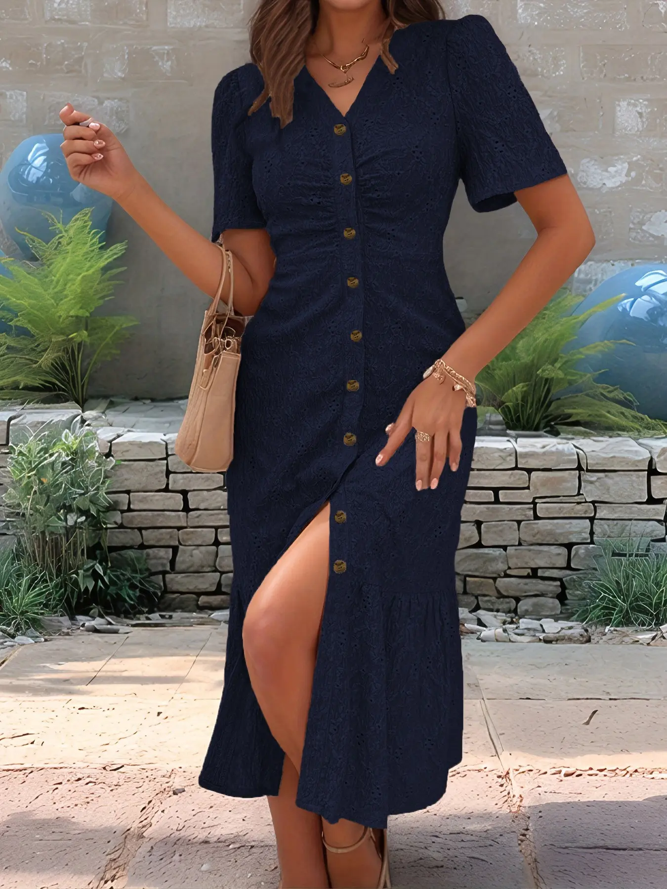 Women's Spring Summer Solid Color Elegant Eyelet Embroidered Midi Dress, French Style Slim-Fit Cinched-Waist Vintage Buttoned Office Dress