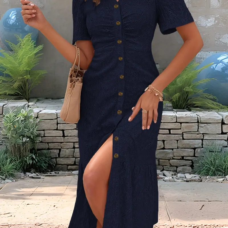 Women's Spring Summer Solid Color Elegant Eyelet Embroidered Midi Dress, French Style Slim-Fit Cinched-Waist Vintage Buttoned Office Dress, Womenswear