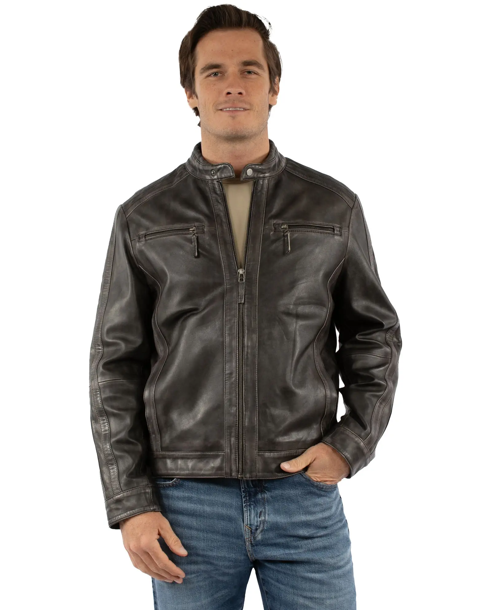 Men's Distressed Lambskin Leather Biker Jacket - Aesthetic Moto Coat with Quilted Shoulders, Snap Collar, Zipper Pockets & Cotton Lining, Fashion, Coats, Tops, Chic, Snug