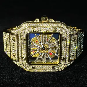 MaxBling81 Men's Luxury Casual Watch - 40mm Rectangular Face, Fully Iced Band with VVS Simulated Diamonds, Gold Finish, Skeleton Dial, Square Bling Design, Quartz Movement, Deployment Clasp, Removable Links, Waterproof, Vvs Diamond Simulate