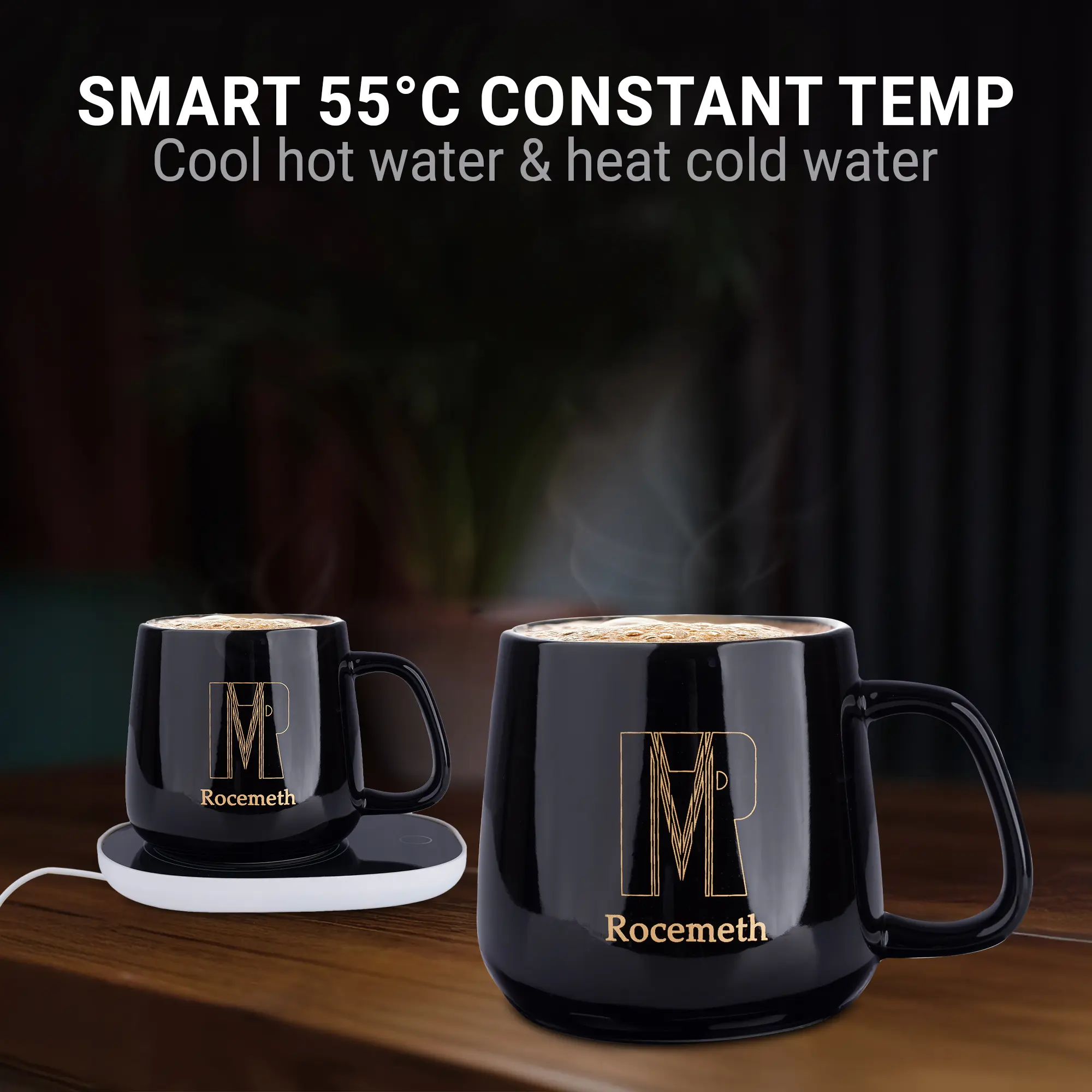 Rocemeth USB Coffee Warmer & Ceramic Non-Toxic Mug Set, Kitchen Household Appliance with Electric Heating Plate, USB Cable & Adapter for Coffee Time Use on Bedside Tables, Dorm Rooms, Office Desks