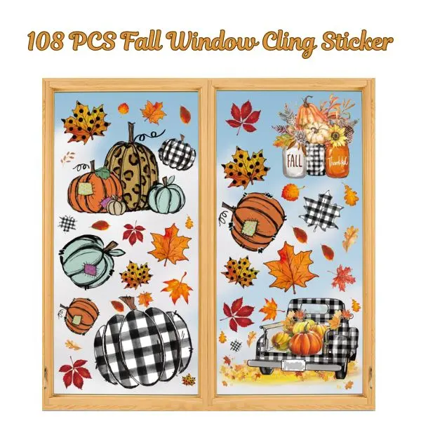 108PCS Fall Window Clings – Thanksgiving Pumpkin Truck & Leaves, Reusable Autumn Harvest Decals for Home Decor & Holiday Gift