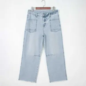 Beau Blue Frayed Cropped Straight cowboy starched Jeans Fashion Womenswear