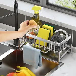 Say Goodbye to Messy Sink Counters! Stainless Steel Sink Caddy, Sponge Holder with Brush Rack Divider, Dish Soap Dispenser, Kitchen Storage Organizer, Essential Home Gadget