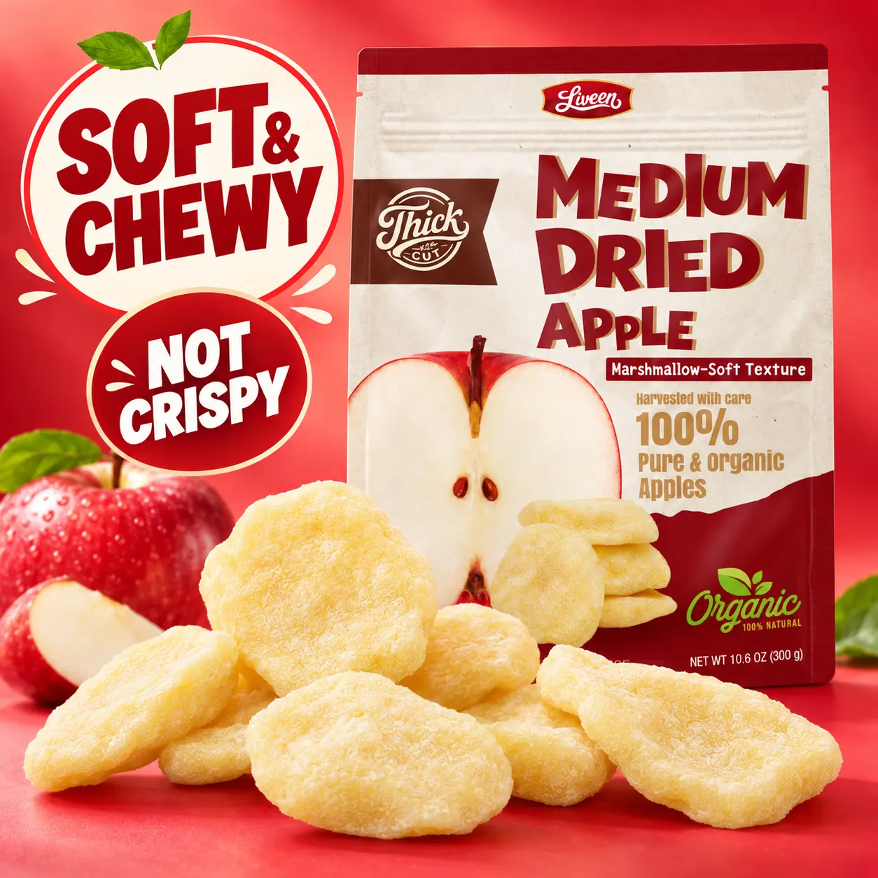Liveen Medium Dried Organic Apples, 10.6 oz (300g) Family Pack, Naturally Sweet, Low-Calorie, High-Fiber, Vegan, Gluten-Free, Non-GMO Healthy Snack with Soft Marshmallow-Like Texture