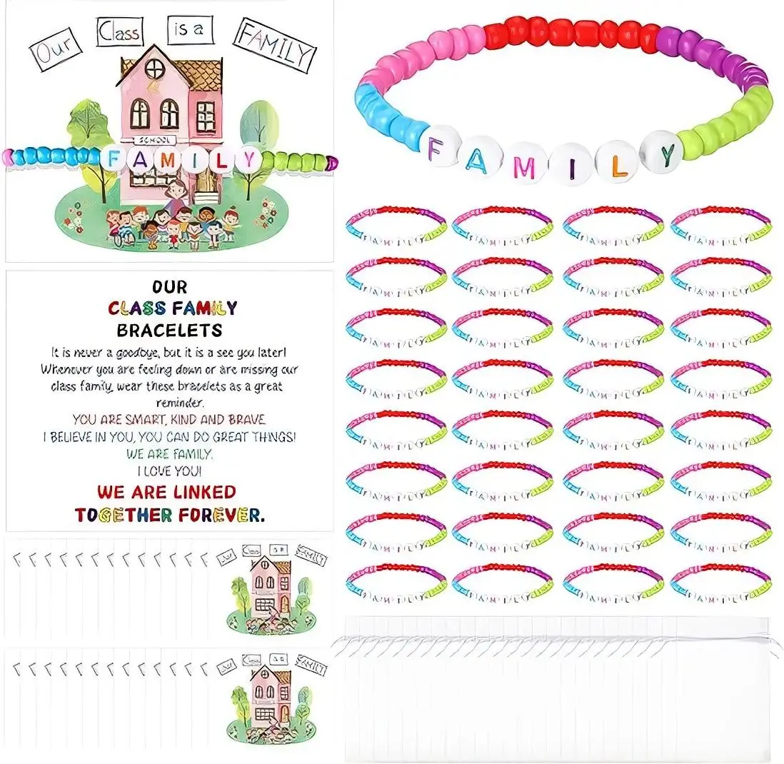 [Back to School] Back to School Gifts for Student with Family Theme Card for Students, Teachers & Class Party Favors, Back To School Shopping, Friendship Bracelet Gift Set, Portable Bags, Color-Coded Messages, Card Gift