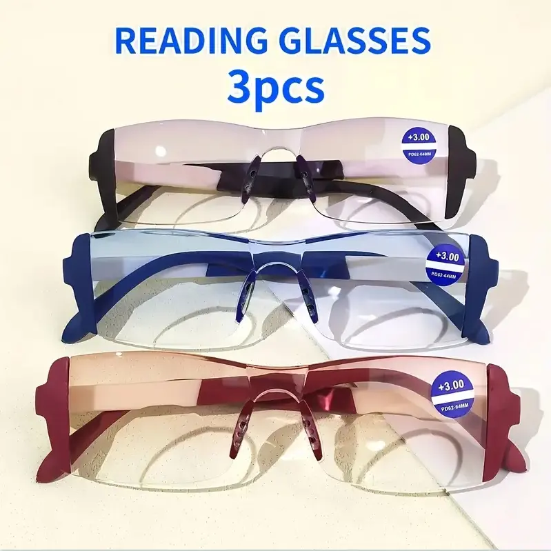 Ultra-Light Frameless Rectangular Smart Bi-Focus Reading Glasses for Middle-Aged Users, High-Definition Blue-Light Filtering PC Lens, Near/Far Vision Compatible