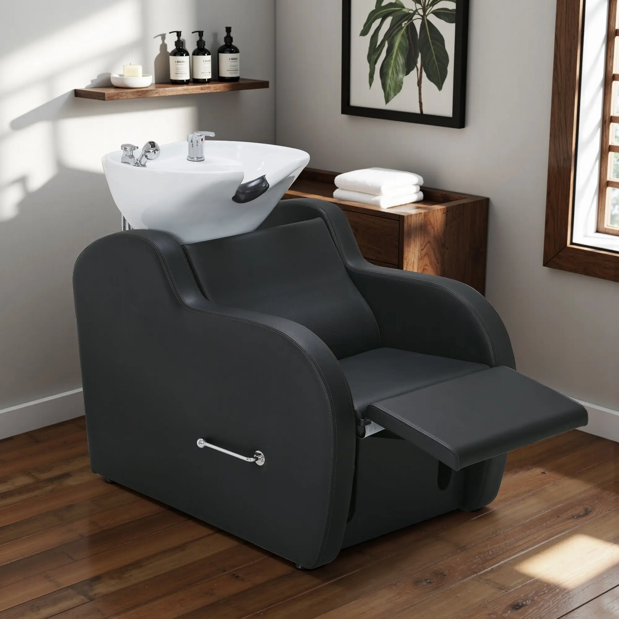 BarberPub Adjustable PVC+Ceramic Shampoo Bowl & Barber Backwash Chair Set - Single Client Hair Wash Chair with Simple Round Design, Smooth Finish, Salon Furniture Equipment (Model 9312), Salon Chair