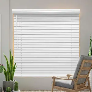 Cordless Faux Wood Blinds 34" W x 36" H 2 Inch Slat Horizontal Windows Blinds with Crown Valance Room Darkening White Blinds for Home Interiors