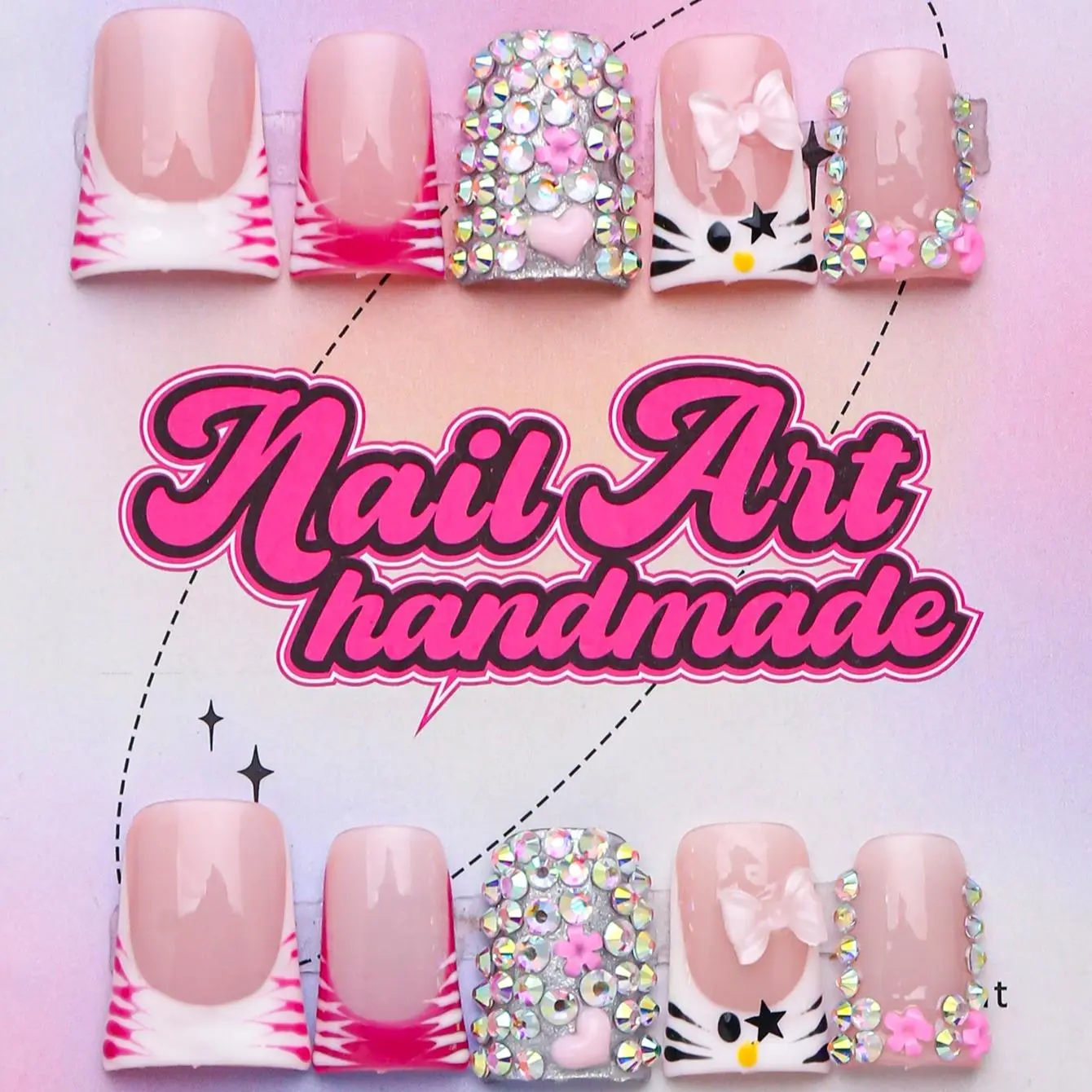 Women's Y2K Nail Art Set with Bow & Heart Charms, Handmade Press On Nail Design Supplies, Perfect Gift for Parties