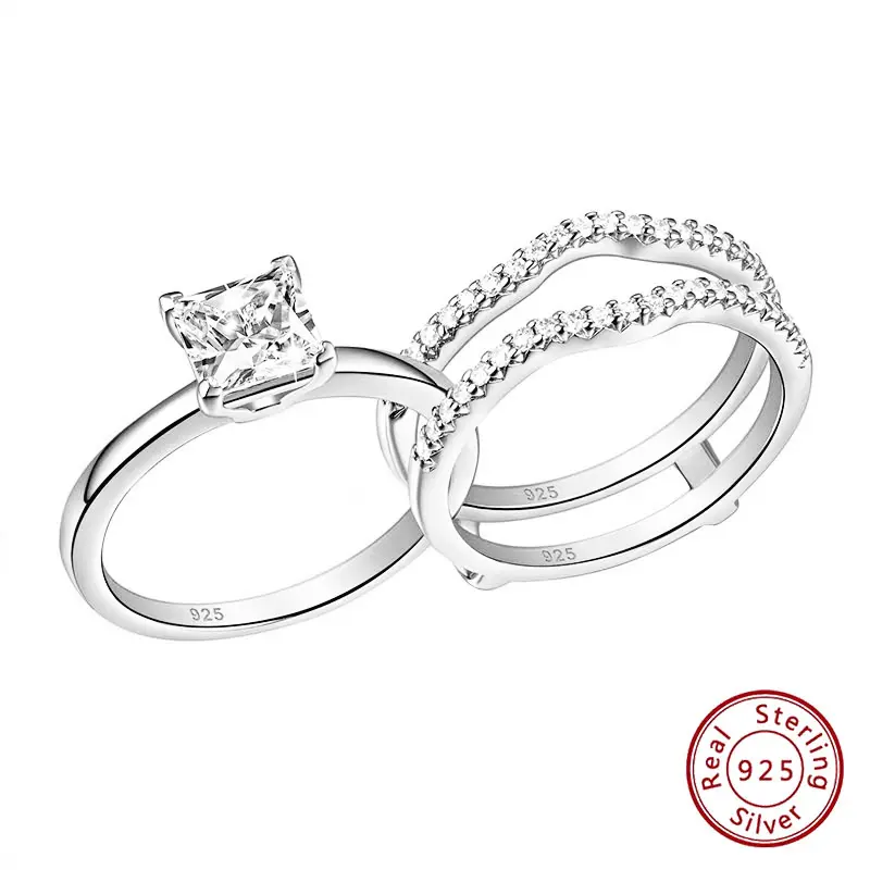 925 Silver Rings for Women K Gold Luxury Jewelry Solitaire Princess Cut CZ Engagement Wedding Ring with Enhancer Wedding Bands BR0917 Jewelry-NS #Love Story
