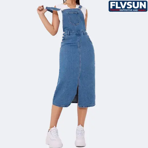 Flvsun Women's Casual Sleeveless A-Line Jeans Overalls for Women - Basic Minimalist Design, Adjustable Polyester Straps, Button Details, Chest Pocket, Split Feature, Below the Knee All-Seasons School Wear