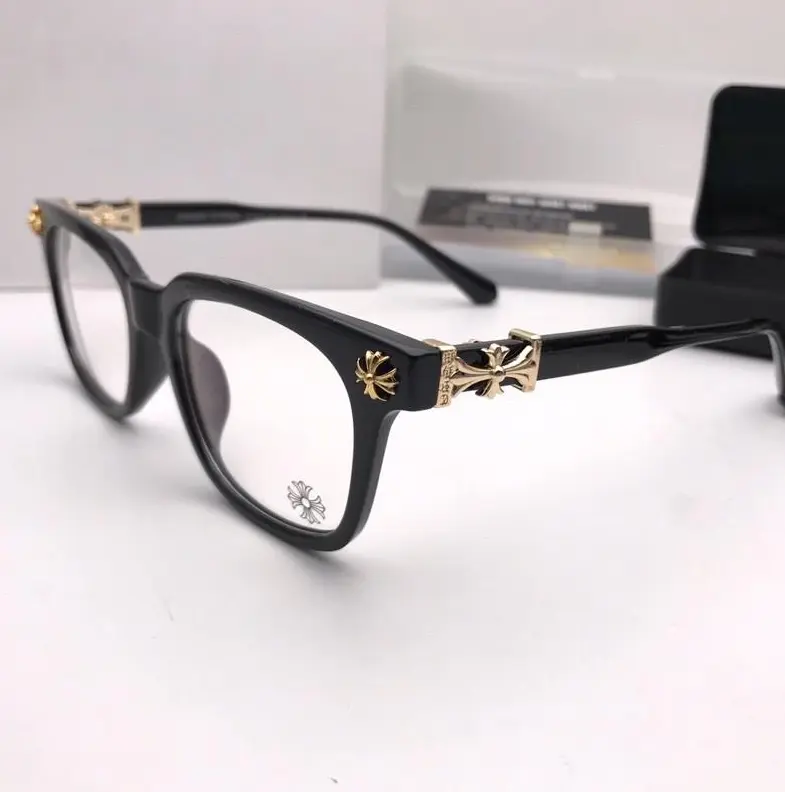 Chrome Hearts Black Square Eyeglasses with Gold Cross Temples, Luxury Unisex Optical Glasses Frame