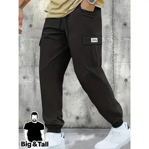 HIDKAT Plus Size Male Cargo Trousers - Black, Lightweight, Drawstring Waist, Large Patch Pockets, Casual Athletic Joggers for Outdoor Sports & Daily Wear (Slogan-Ready Design)