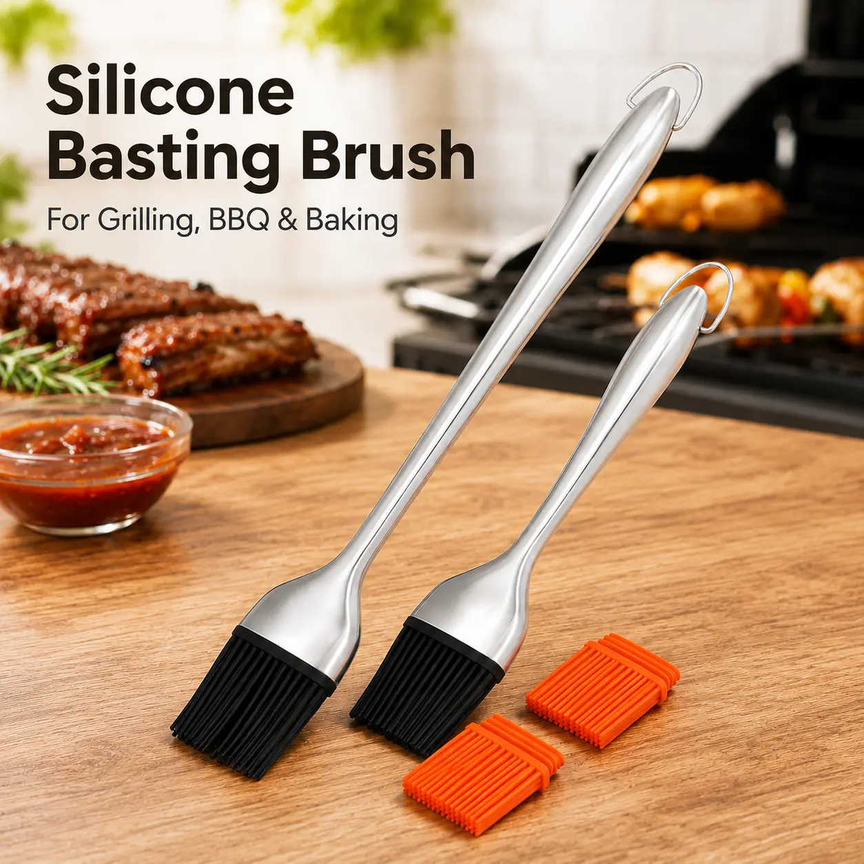 Multi-Purpose Silicone Basting Brush with Heat-Resistant Heads & Stainless Steel Handle for Grilling, BBQ, and Baking