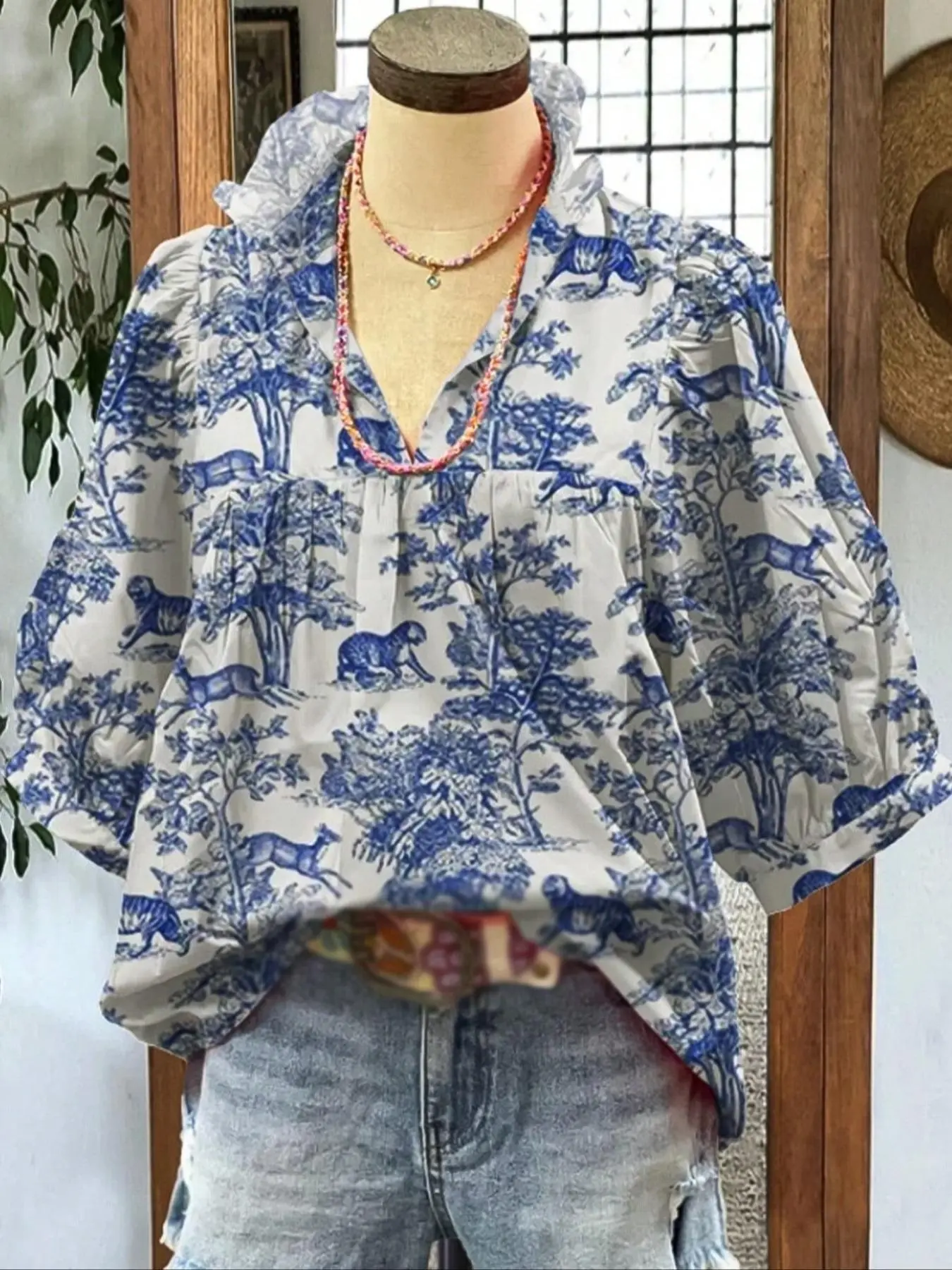 Women's Plant & Bird Print V Neck Boho Cottagecore Blouse, Boho Bohemian Vneck Casual Short Sleeve Top for Summer, Women's Clothing for Daily Wear, Boho Style Shirt, Boho Blouses