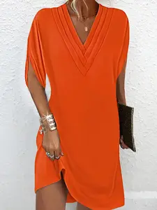 Women's Spring Summer V-Neck Pleated Batwing Sleeve Dress, Cross Border Spot 2026, European and American Style, Casual Wear, New Arrival, Casual Everyday Wear