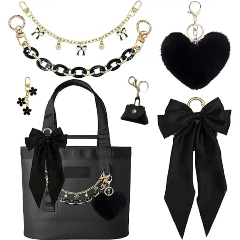 6PCS Bag Charms for Tote Bags, Satin Bow Keychain Kit Accessories, Fluffy Ball Gold Chains Charms for Women Purse Beach Handbag