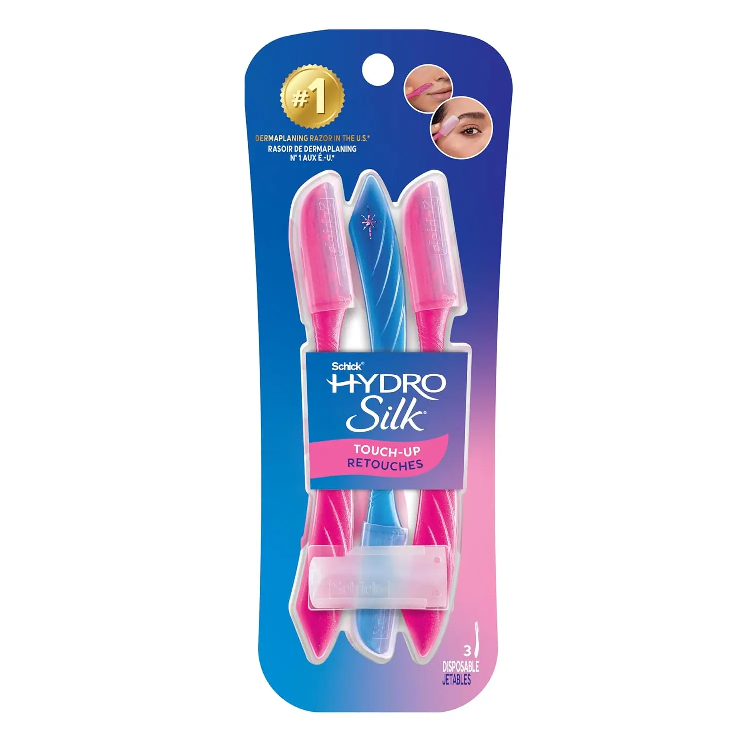 Schick Hydro Silk Touch-Up Dermaplane Razor with Precision Cover, 3ct | Dermaplaning Tool for Face, Facial Razor for Women, Eyebrow Razor, Peach Fuzz Remover