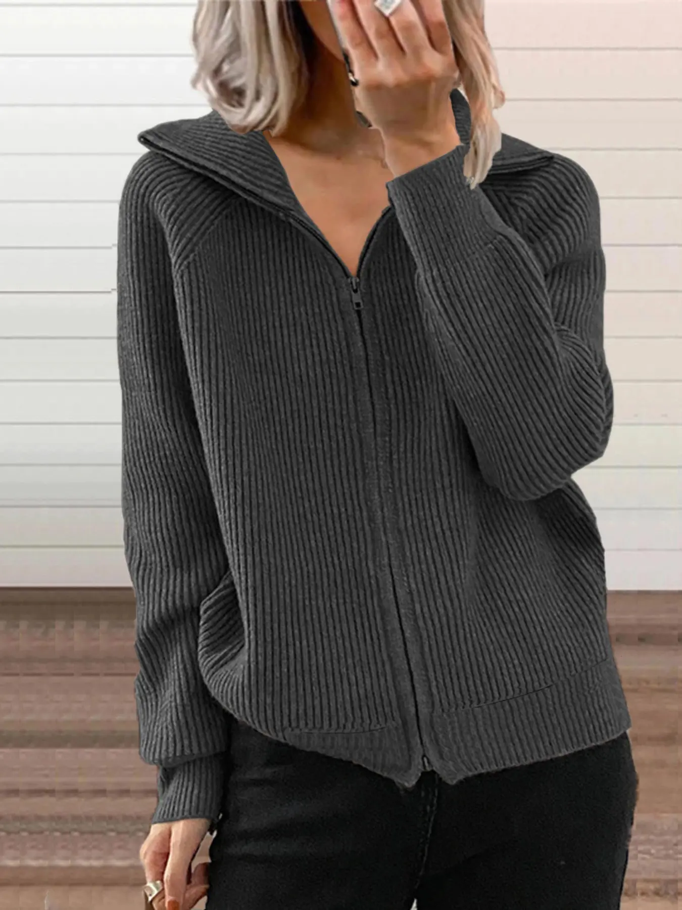 Women's Casual Striped Knit Sweater Jacket, Loose-Fitting Long Sleeve Zipper Cardigan, Fall & Winter Fashion Outerwear