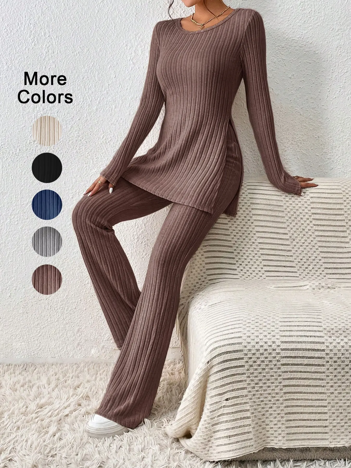 Women's Solid Ribbed Long Sleeve Tee & flared Pants Set Fit, Basic Everyday Casual Split Hem Top & Trousers Set for Daily Wear, Ladies Clothes for All Seasons, Suit, Knitwear