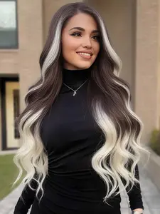 Full hand crocheted13x4 Lace Front Wigs Glueless Frontal Wig for Women 24 Inch Beige Brown Ombre Platinum Blonde Long Wavy Synthetic Lace Front Wig Pre Plucked Skunk Stripe Highlight White Blonde Ash Brown Lace Hairline Wig Glueless