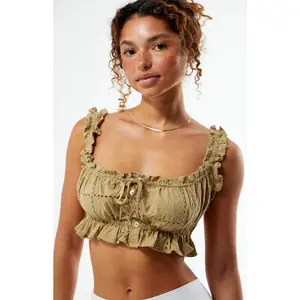 WEWOREWHAT Women's Ruffle Button Crop Top