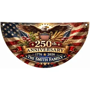 Custom USA 250th Anniversary Bunting Flag with Family Name, Nylon Non-Pleated Fan Flag with Brass Grommets, Personalized Patriotic Porch Wall Fence Outdoor July 4th Decor