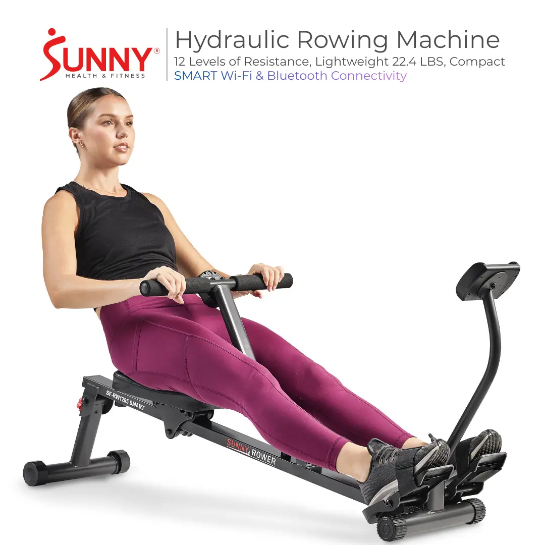Sunny Health & Fitness Rowing Machine Trainer for Home Gym Workout Fitness, 12 Levels of Hydraulic Resistance, Lightweight Compact Design, Pivoting Pedals, Performance Monitor Smart Wifi & Bluetooth Connectivity