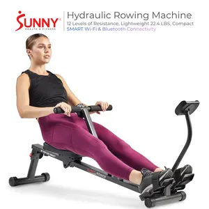 Sunny Health & Fitness Rowing Machine Trainer for Home Gym Workout Fitness, 12 Levels of Hydraulic Resistance, Lightweight Compact Design, Pivoting Pedals, Performance Monitor Smart Wifi & Bluetooth Connectivity