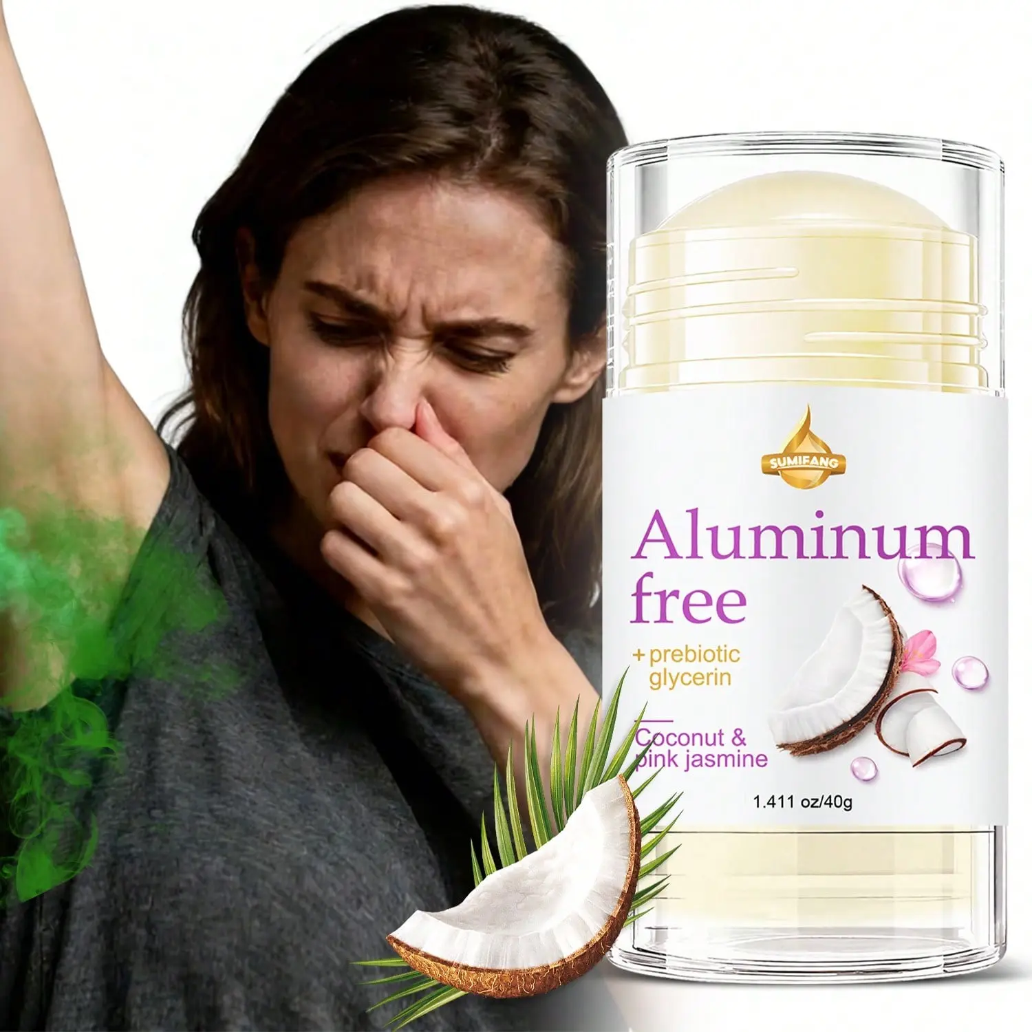Sumifang Alum-Free Coconut Powder Jasmine Deodorant Stick, Eliminate Bad Odors, Enjoy Fresh Daily Scent, Natural Body Fragrance, 40g