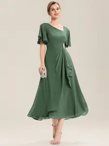Ever-Pretty  dress holiday dress  Flutter Sleeve Chiffon Midi Dress with Asymmetric Neckline, Waist Rhinestone, Tiered Skirt & Smocked Back for Formal dress,Evening dress 2463