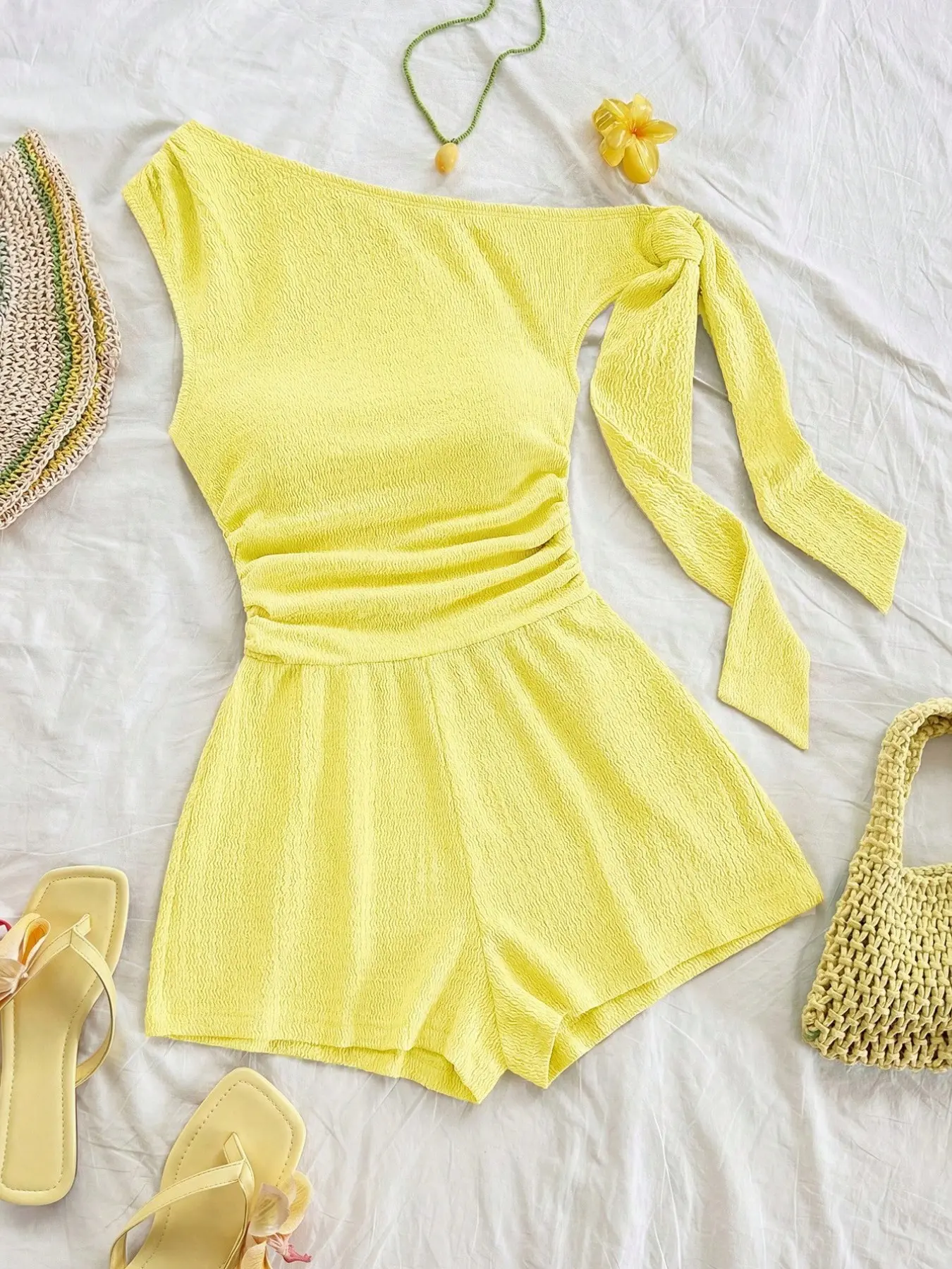 Women's Asymmetric One-Shoulder Romper, Bohemian Romper, Tie Knot Shoulder Strap, Ruched Waist, Crinkled Textured Knit Fabric, High Waist Wide Leg Shorts, Vacation Party Music Festival Date Wear, Sweet Spicy Holiday Boho Chic Style, Fitted