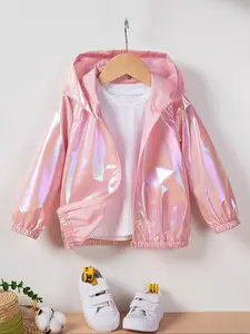 Toddler Girl's Solid Zip Up Hooded Jacket Without Tee, Fashionable Long Sleeve Windproof Outerwear For Spring & Fall, Casual Comfy Girl's Clothing For Daily Wear