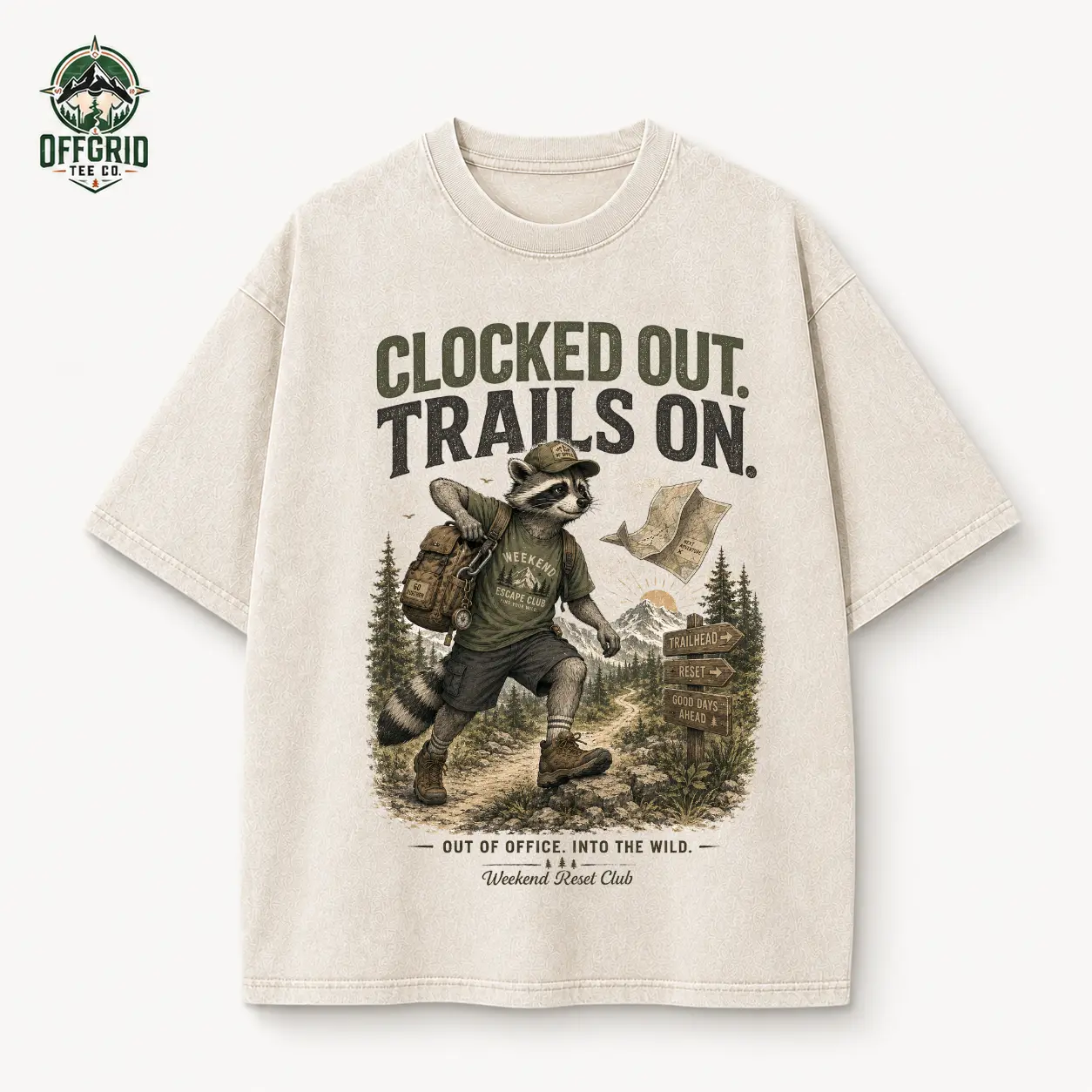 Clocked Out Trails On Raccoon Hiking T-Shirt, Vintage Mountain Trail Graphic Tee, Off Grid Adventure Shirt, Nature Lover Gift, Casual Hiking Wear