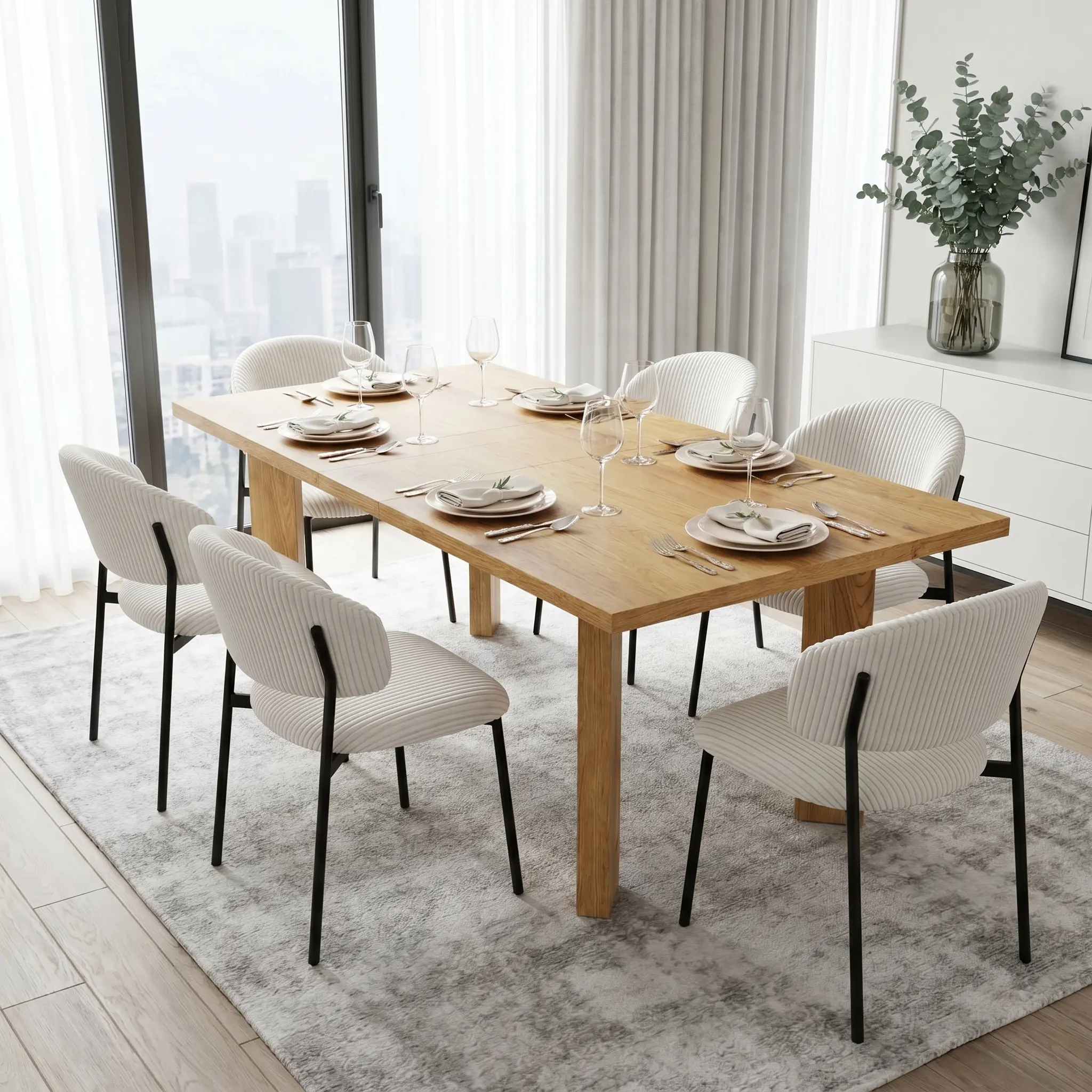 HIPIHOM 9-Piece Japandi Extendable Bundle Dining Set - Oak Grain Table (130-170cm), 8 Corduroy Ergonomic Chairs, Easy Assembly Fine Wooden Combination Minimalist Indoor Furniture Set for Nature Lovers, Fine Wooden Dining Room Sets, Minimalist Indoor Furni